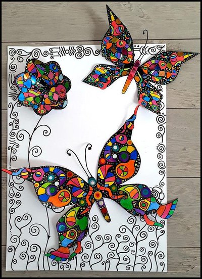 Tableau Toile Déco : Motif Art Nouveau Fleurs Et Papillon Orange - Impression Sur Toile, Avec Ou Sans Cadre