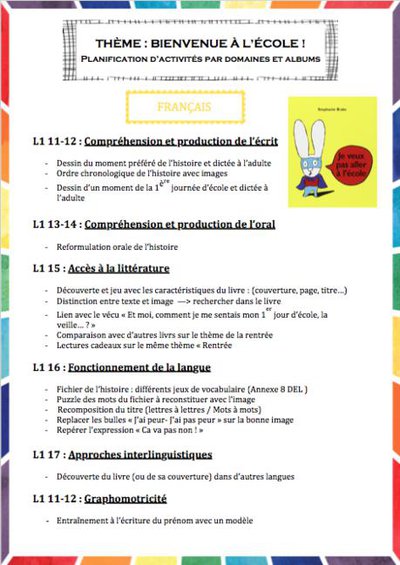 Planification autour d'albums de rentrée par La Classe de Schmilly