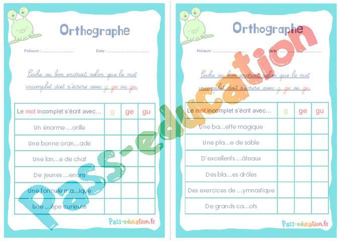 Écrire g, ge ou gu – Ce1 – Ce2 – Rituels – Orthographe – PDF à imprimer