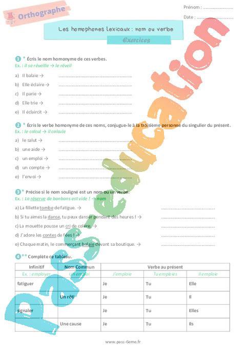 Les homophones lexicaux : nom ou verbe ? – Exercices d’orthographe pour ...