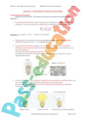 Image de Puissance et énergie électrique – 3ème – Exercices avec les corrections – Cycle 4 – PDF à imprimer