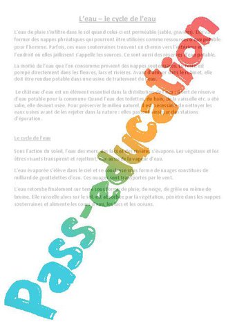 Image de Cycle de l’eau – Cm1 – Cm2 – Evaluation – Cycle 3 – PDF à imprimer