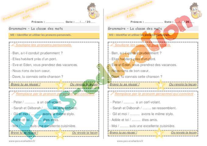 Identifier et utiliser les pronoms personnels – Ce1 – Evaluation