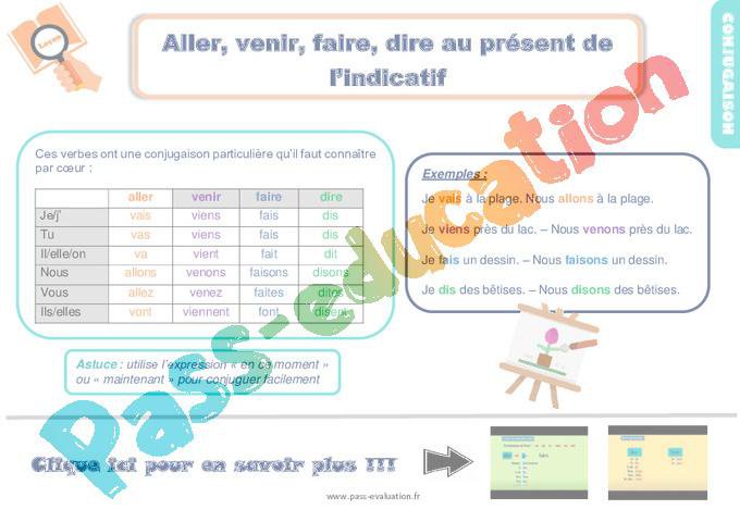 Evaluation et bilan pour le Ce1 sur aller, venir, faire, dire au