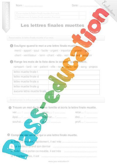 Lettres finales muettes – CE1 – Evaluation – Bilan par Passeducation
