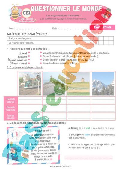 Les différents paysages à travers le monde – CE1 – Evaluation – Apis ...