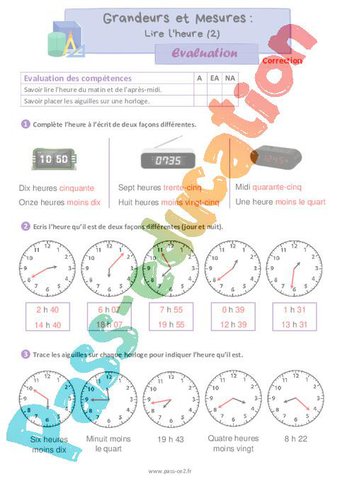Lire l’heure (2) – Évaluation de grandeurs et mesures pour le ce2 ...