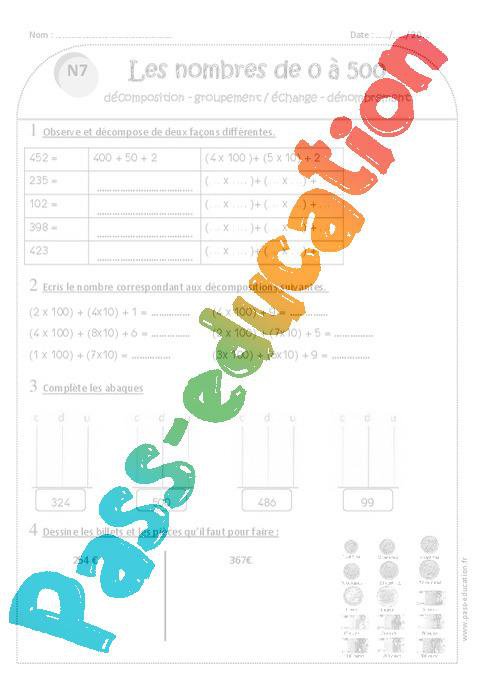 Nombres De 0 A 500 Ce1 Exercices Decomposition Groupement Echange Denombrement Par Pass Education Fr Jenseigne Fr