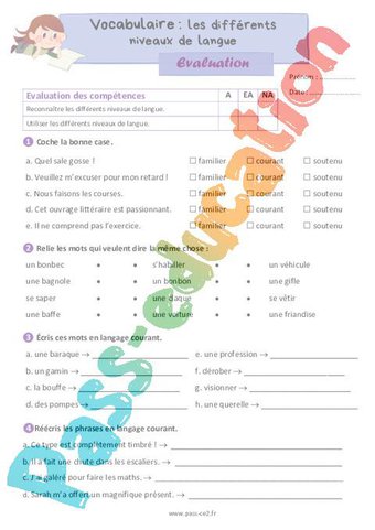 Les niveaux de langue – Exercices de vocabulaire pour le ce2 – Cycle 2 ...