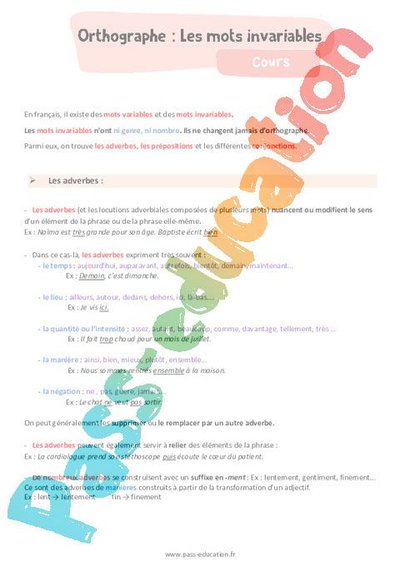 Les mots invariables – 6ème – Cours – PDF à imprimer par Pass-education ...