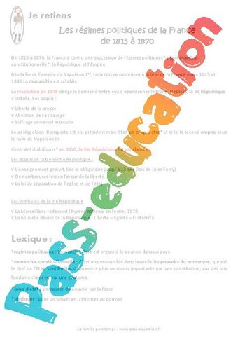 Image de Régimes politiques de la France de 1815 à 1870 – Cm2 – Evaluation – Cycle 3 – PDF à imprimer