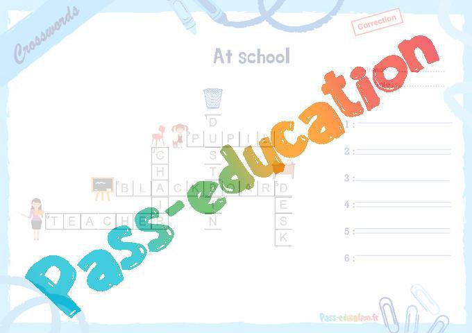 At school – CE1 – CE2 – Mots fléchés – Lexique / vocabulaire