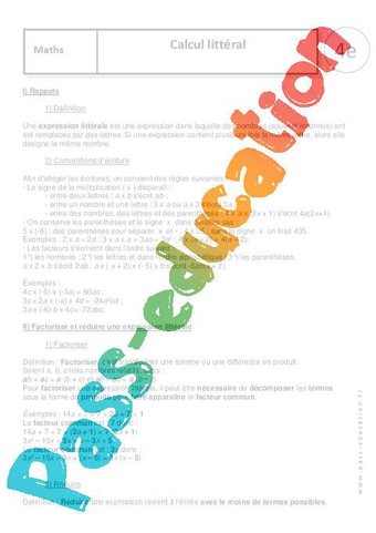 Image de Développement, factorisation – 4ème – Evaluation sur le calcul littéral – Cycle 4 – PDF à imprimer