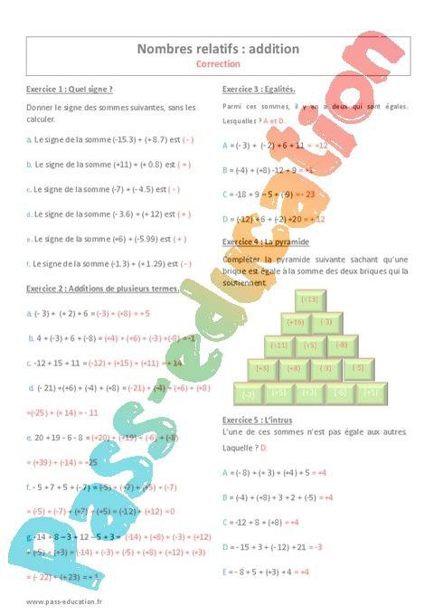 Addition des nombres relatifs – 5ème – Exercices avec correction par