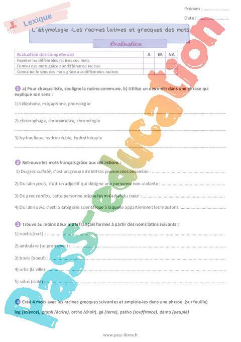 Les racines latines et grecques en français – Evaluation de vocabulaire ...