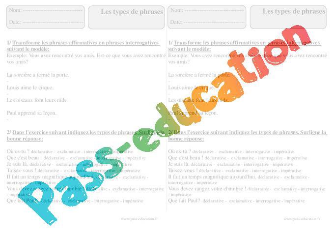 Exercices Types De Phrases Ce2 Nouveaux Programmes Types de phrases – Ce2 – Exercices corrigés – PDF à imprimer par Pass
