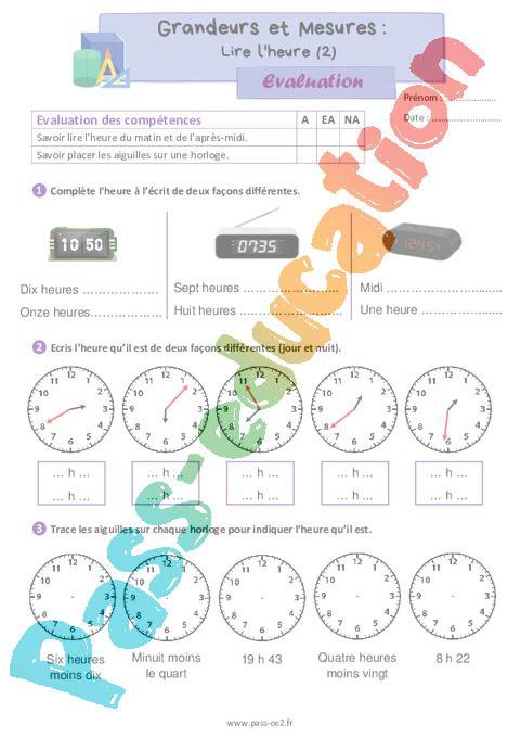 Lire l’heure (2) – Évaluation de grandeurs et mesures pour le ce2 ...