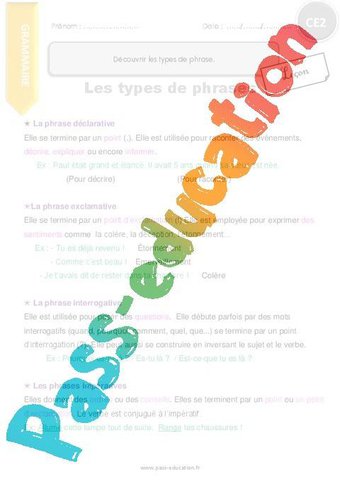 Image de Différents types de phrases – Evaluation – Ce2 – Cm1 – Cycle 3 – PDF à imprimer