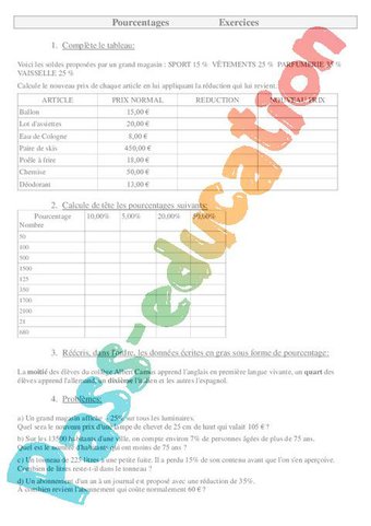 Pourcentages – Cm2 – Exercices – Gestion des données – Cycle 3 – PDF à ...
