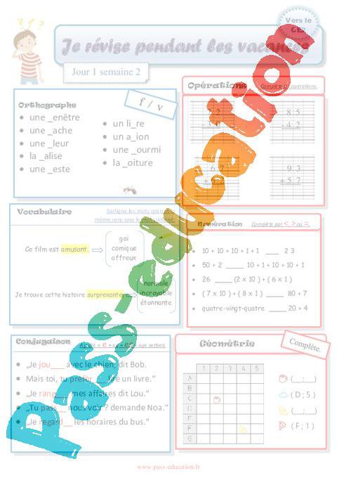 Cahiers De Vacances A Imprimer Gratuitement Ce1 Vers Le Ce2 Semaine 2 Par Pass Education Fr Jenseigne Fr