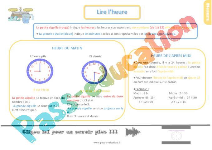 Evaluation pour le CM1 sur lire l’heure – Bilan – Cycle 3 – PDF à