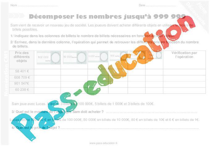Décomposer les nombres jusqu’à 999 999 – Cm1 – Séance 2 – Fiche de