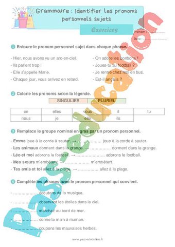 Les pronoms personnels sujets – Ce1 – Séquence complète – Cycle 2 – PDF ...
