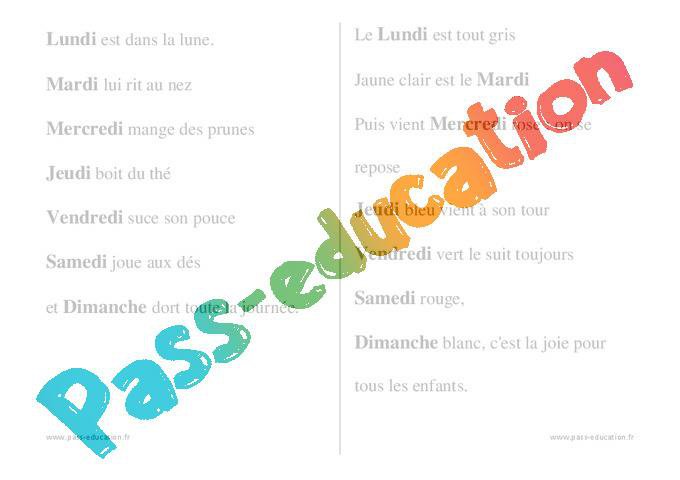 Jours De La Semaine Chants Comptines Maternelle Petite Section Moyenne Section Grande Section Ps Ms Gs Par Pass Education Fr Jenseigne Fr