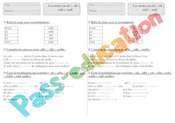 -ail -eil -euil – ouil – Ce1 – Exercices – Orthographe – Cycle 2 par