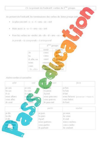 Image de Verbes du 3ème groupe – Présent – Cm1– Exercices – Cycle 3 – PDF à imprimer
