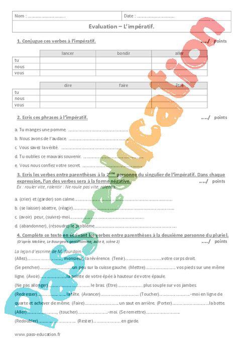 Imperatif Present 6eme Evaluation A Imprimer Par Pass