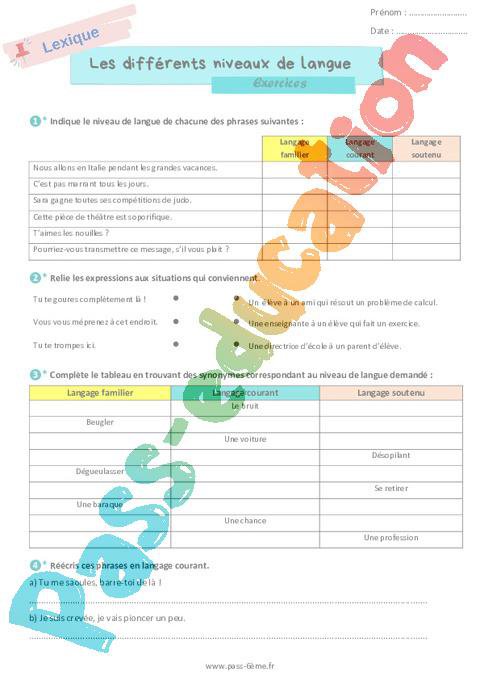 Les différents niveaux de langue – Exercices de vocabulaire pour la ...