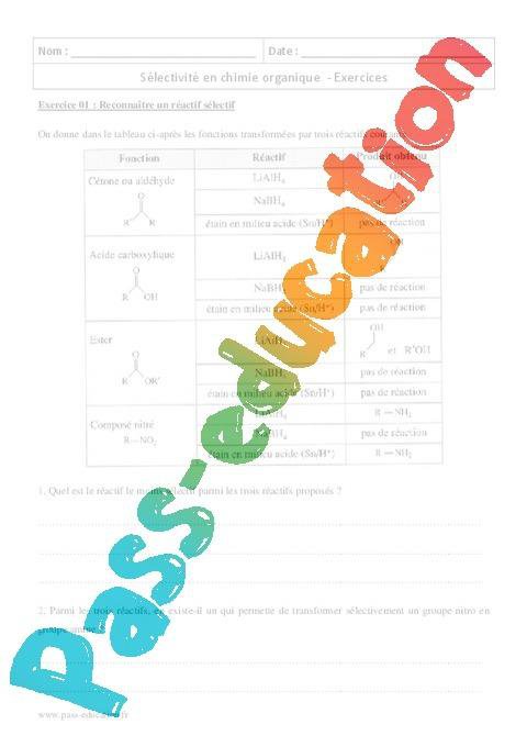 Chimie Organique Selectivite Terminale Exercices A Imprimer Par Pass Education Fr Jenseigne Fr