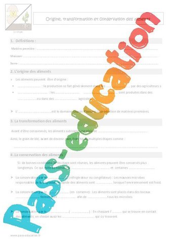 Image de Origine, transformation et conservation des aliments – Cm1 – Cm2 – Evaluation – Cycle 3 – PDF à imprimer