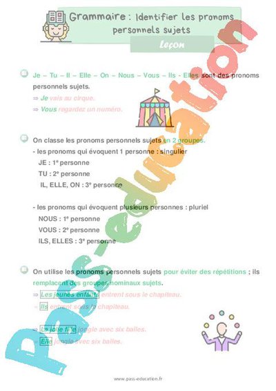 Les pronoms personnels sujets – Ce1 – Séquence complète – Cycle 2 – PDF ...