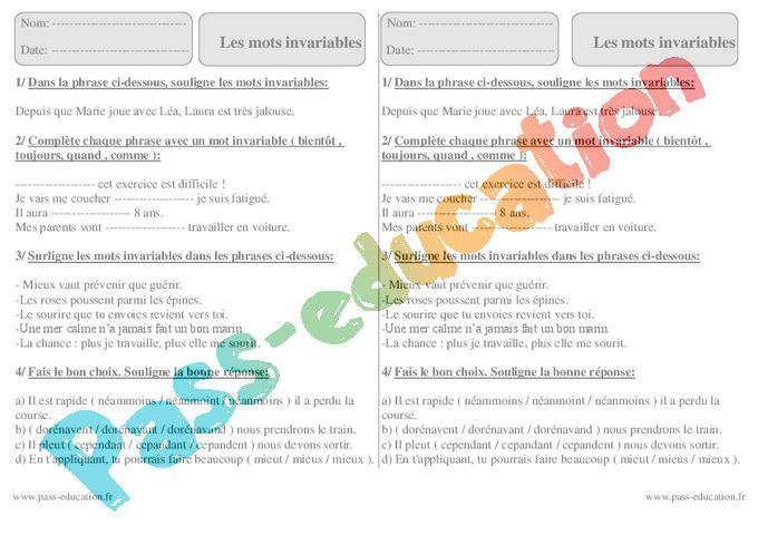 Les Mots Invariables Ce2 -- Exercices à Imprimer