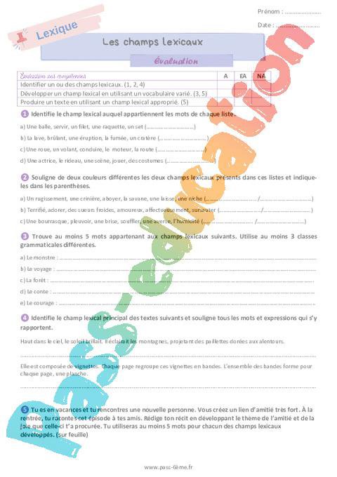Les champs lexicaux – Evaluation de vocabulaire pour la 6ème – Cycle 3 ...