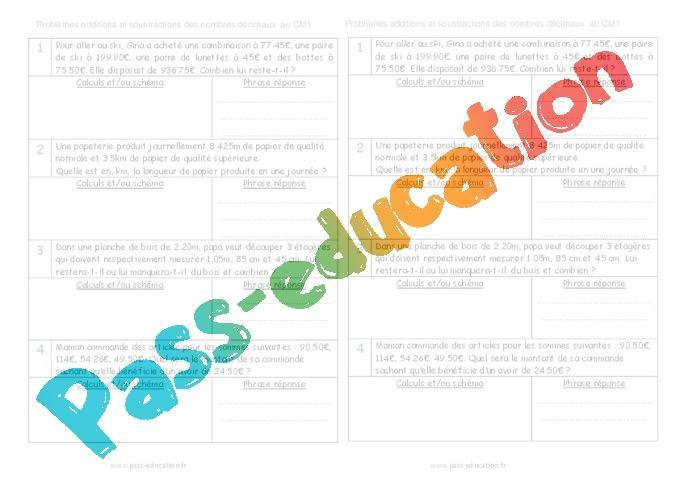 Addition et soustraction des nombres décimaux – Cm1 – Problèmes – Cycle