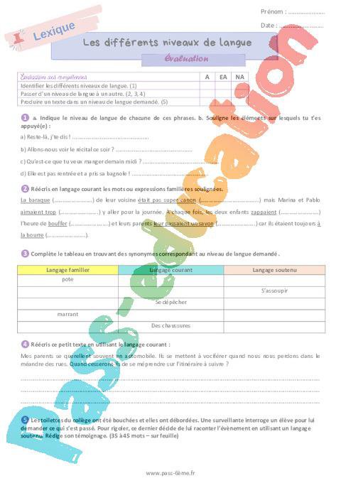 Les différents niveaux de langue – Evaluation de vocabulaire pour la ...