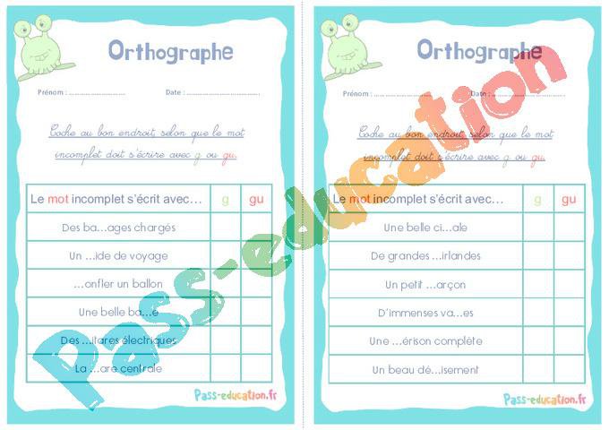 Écrire g, ge ou gu – Ce1 – Ce2 – Rituels – Orthographe – PDF à imprimer