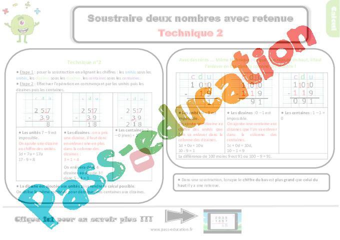 Soustraire deux nombres avec retenue – Technique 2 au Ce2 – Leçon – PDF