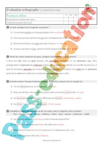 Le pluriel des noms – Ce2 – Étude de la langue – Evaluation avec les ...