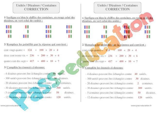 Unités – Dizaines- Centaines – Ce1 – Exercices corrigés – Numération