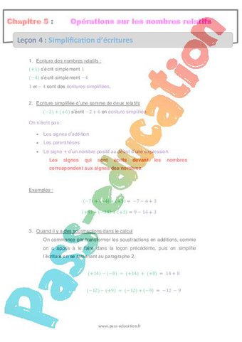 Image de Simplification d’écritures – 5ème – Les nombres relatifs – Evaluation, bilan, contrôle avec la correction – Cycle 4 – PDF à imprimer