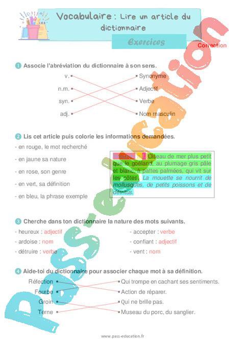 Lire un article dictionnaire – Exercices de vocabulaire pour le ce1 ...
