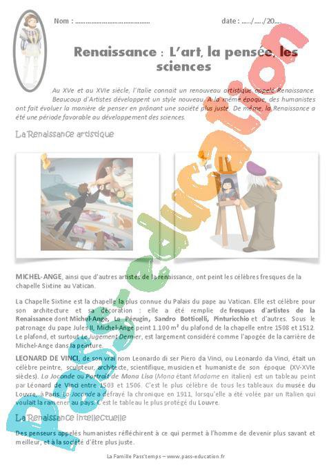 Renaissance Lart La Pensée Les Sciences Cm1