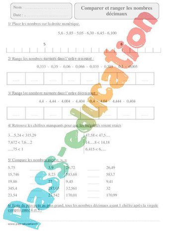 Image de Comparer et ranger les nombres décimaux – Cm2 – Exercices corrigés – Numération – Mathématiques – Cycle 3