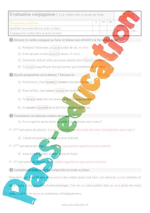 Les Verbes tre Et Avoir Au Futur Au Ce2 valuation Bilan PDF Imprimer Par Pass education 