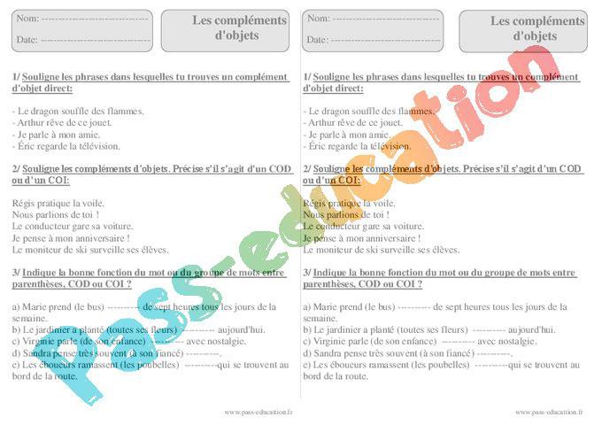 Compléments d’objets – Ce2 – Exercices avec correction – COD – COI par